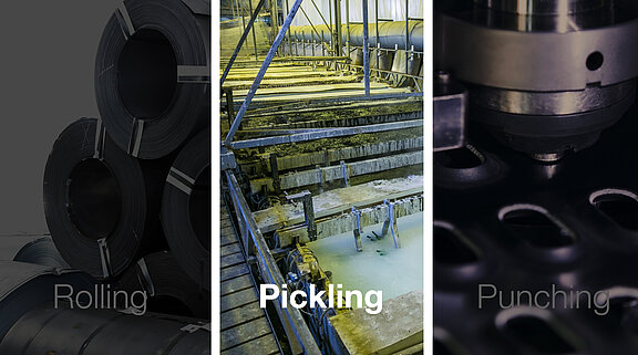 Steel manufacturing process with rolling, pickling and punching
